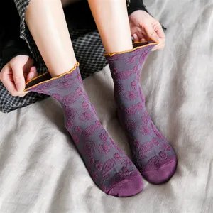 Women mid-calf socks ethnic jacquard purple orange ruffle design stylish comfortable daily wear
