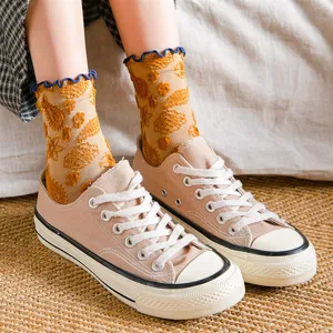 Women retro ethnic jacquard mid-tube socks with lettuce edge casual cute cotton blend hosiery