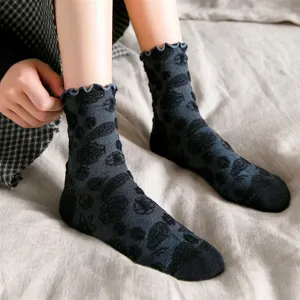 Women jacquard mid-calf socks with ruffled cuffs, vintage style daily wear main product view.