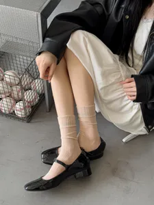 Sheer thin summer socks for women, Japanese style solid color crew socks paired with cute shoes.