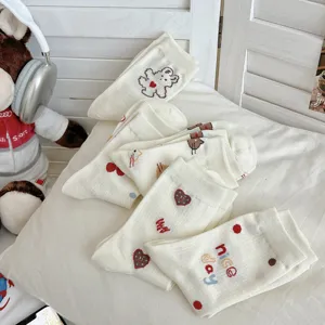 Cute cotton mid-tube socks detail, cute bear and heart embroidery design, cream white.