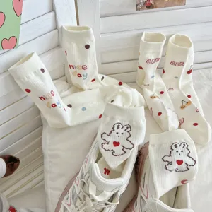 Cute white mid-calf socks for women, featuring lovely bear prints and sweet Japanese style daily wear.