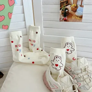 Cute bear embroidered mid-tube socks detail, sweet Japanese style white cotton hosiery.