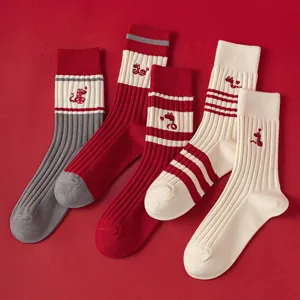 Women's cute snake year mid tube knit socks red grey white festive winter hosiery pair