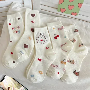 Women Cute Cartoon Jacquard Mid Tube Slouch Socks Cotton Breathable Casual Daily White Hosiery Student Fashion