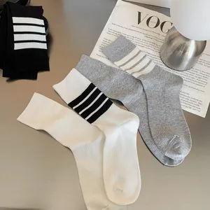 Spring summer thin women JK college style socks, classic striped mid calf socks 3 pairs.