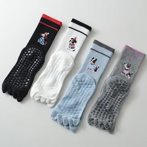 Women's Cute Puppy Pattern Five-Finger Yoga Socks Non-Slip Silicone Grip Pilates Mid-Tube Athletic Cotton Socks