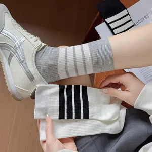 Women thin mid-calf socks Japanese JK college style breathable three-bar striped casual socks.
