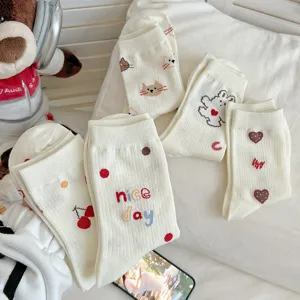 Cute white cotton mid-calf socks with sweet cartoon cat, bear, heart and cherry embroidery.