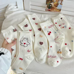 Cute Japanese style women's mid-calf socks with cartoon embroidery for spring and summer daily wear