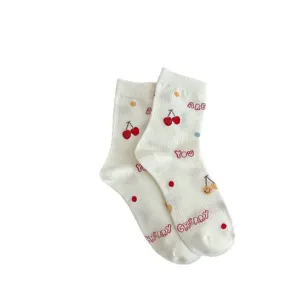 Cute cherry embroidered white mid-calf socks for women sweet style daily cotton hosiery