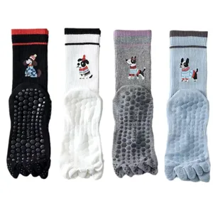 Cute dog embroidery five toe non slip yoga socks for women, breathable cotton mid calf athletic socks.
