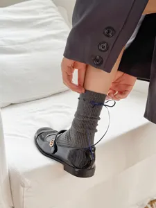 Grey ribbed mid-calf socks with navy ribbon bow, sweet Japanese style breathable cotton socks.