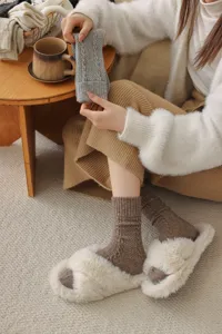 Thickened cable knit wool socks for women, cozy winter slouch socks with retro Japanese style.