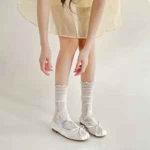 Sheer lace ruffled mid-tube socks for women, breathable hollow-out summer hosiery.