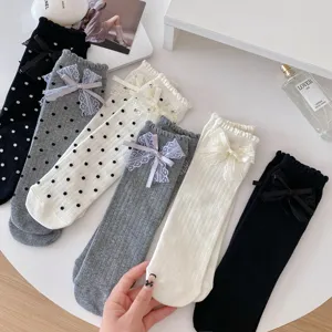 Women Cute Polka Dot Crew Socks Sweet Lace Bowknot Ruffle Cotton Blend Casual Hosiery Fashion Fall Winter Sock
