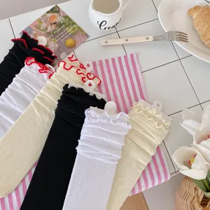 Women lace ruffles slouch socks summer breathable hollow out cute ballet style mid tube hosiery