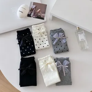 Sweet polka dot socks for women cute lace bow mid tube socks autumn winter cozy hosiery
