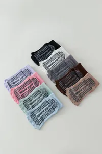 Detailed view of non-slip yoga toe socks with silicone grips and open-toe design.