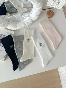 Women bow embroidered mid-tube socks sweet mesh breathable thin socks for spring summer.