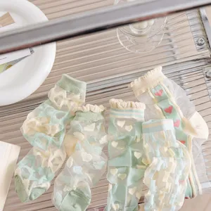 Summer sheer mesh socks with sweet lattice and heart pattern, cute ruffle lace design.