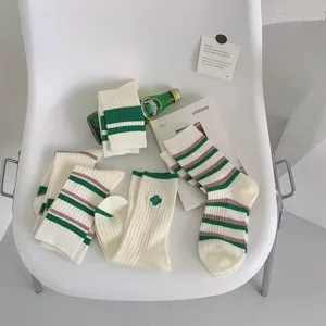 Green striped women mid-tube socks Japanese style cute casual socks fashion footwear