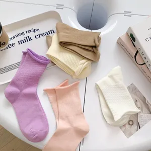 Chaussettes femme couleur bonbon bord roulé style japonais unicolore coton chaussettes automne