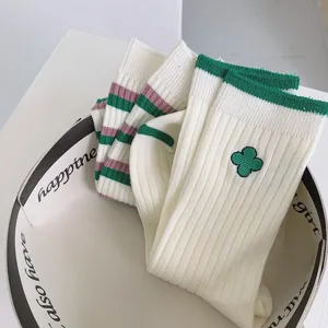 Japanese style green clover embroidery and striped cotton mid-tube socks, autumn winter wear.