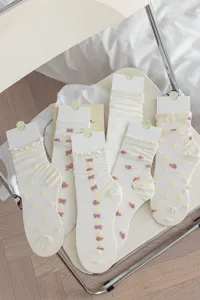 Cute white women mid-calf socks, sweet Japanese style cotton socks with cute floral strawberry.