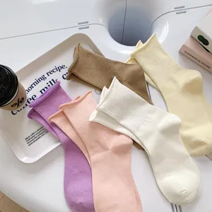 Chaussettes femme bord roulé couleur bonbon unies coton empilé style mignon doux