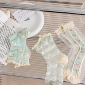 Transparent mesh women socks with cute heart and grid patterns, Japanese sweet style summer socks.