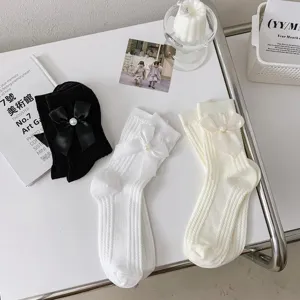 Chaussettes mi-mollet Lolita nœud mignon pour femmes, style japonais JK princesse blanc noir