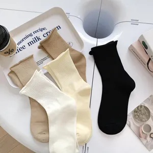 Chaussettes femme bord roulé uni, style japonais couleur bonbon décontracté coton chaussettes.