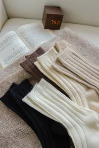 Women's wool ribbed mid-calf socks winter warm cozy vintage casual solid color knit hosiery