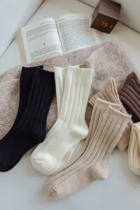 Close-up detail shot of winter wool ribbed slouchy socks in cozy lifestyle flat lay setting.