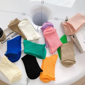 Chaussettes femme à revers colorées style doux en coton décontracté unies mignonnes