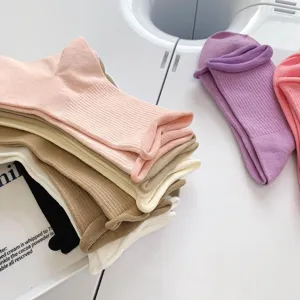 Chaussettes femme couleur bonbon bord roulé unies chaussettes décontractées jolies quotidiennes
