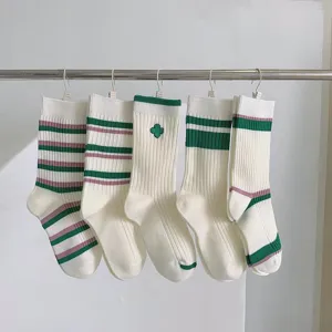 Green striped women mid tube socks Japanese style casual cotton cute clover embroidery hosiery
