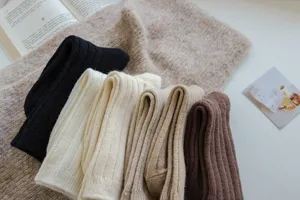 Women winter wool socks ribbed knit mid tube stacking socks vintage cozy casual hosiery.