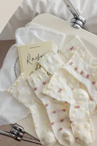 Cute white mid-calf socks with sweet strawberry and bow patterns, perfect for daily wear.