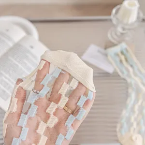 Sheer mesh socks detail, showcasing cute geometric grid pattern and ultra-thin fabric for summer.
