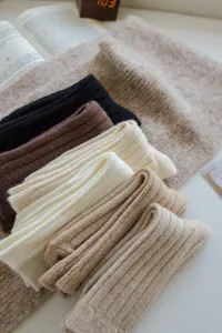 Cozy winter ribbed wool mid-calf socks for women, vintage knit casual daily hosiery.