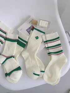 Women green striped mid-tube socks Japanese college style cute clover embroidery cotton socks