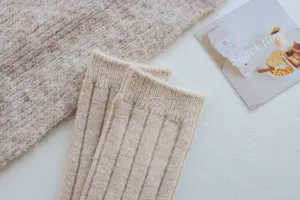Wool ribbed mid-tube socks for women, retro winter solid color cozy knit stockings.