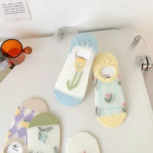 Women summer mesh boat socks cute floral embroidery breathable shallow invisible anti-slip short socks