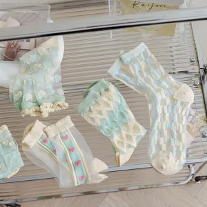 Transparent thin mesh women socks with cute heart diamond floral patterns summer socks
