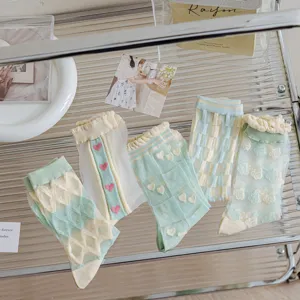 Japanese cute sheer mesh socks with heart and plaid pattern, summer ruffled hosiery.