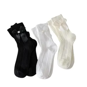 Chaussettes mi-hautes Lolita mignonnes avec nœuds en satin et perles, style JK.
