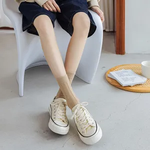 Comfortable women cotton cable knit mid-calf socks Japanese vintage style casual daily wear