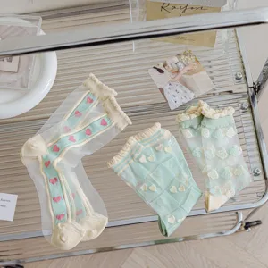 Summer sheer cute women socks with sweet heart patterns and ruffles, detailed display view.